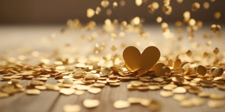 Golden confetti in the shape of a heart on a wooden background. Valentine's day conceptの素材