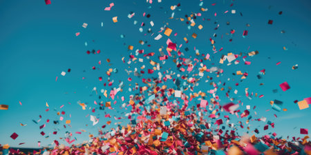 Colorful confetti flying in the blue sky. Celebration concept. Abstract Festive backgroundの素材