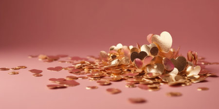Hearts confetti on pink background. Valentines day background. Love, Wedding conceptの素材