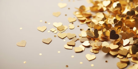 Gold hearts confetti on a white background. Love, Valentine's day, Wedding conceptの素材