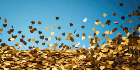 Golden confetti in the shape of a heart on a blue background, copy space. Valentine's day, Wedding, Love conceptの素材