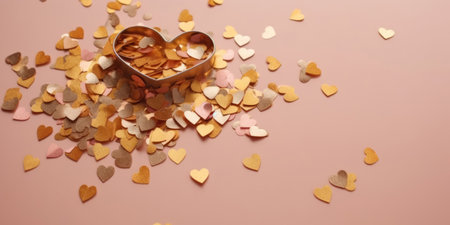 Valentine's day background. Heart shaped confetti on pink background. Golden heartsの素材