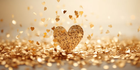 Gold confetti in the shape of a heart on a white background. Valentine's day, Wedding, Love conceptの素材