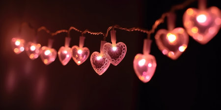 String of heart shaped lights on a black background. Garland with pink hearts. Valentine's Lights. Decoration for Valentine's Day or Christmasの素材
