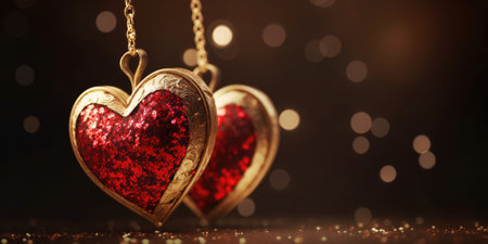 Golden hearts on bokeh background. Heart-shaped pendants. Valentine's day, Love, Wedding, Romantic conceptの素材