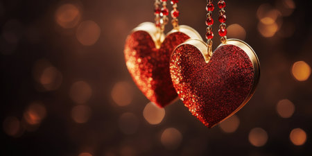 Valentine's Day background with red hearts on bokeh background. Two heart-shaped pendants. Valentines. Love, Wedding, Romantic conceptの素材