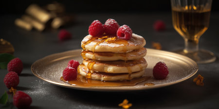 Pancakes with honey and raspberries on a dark backgroundの素材