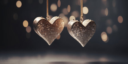 Two gold hearts on a dark background with golden bokeh, copy space. Valentines day, Love, Wedding, Romantic conceptの素材