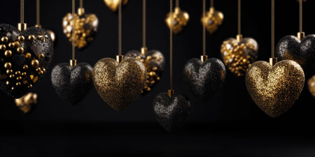 Valentine's day background with golden and black hearts hanging on a black background. Valentines. Many black and gold heart-shaped pendants. Love, Wedding, Romantic conceptの素材