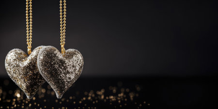 Two Black Heart on a golden chains on a black background, copy space. Valentine's day, Love, Wedding, Romantic conceptの素材