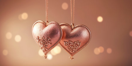 Valentine's day background with two pink hearts with golden pattern on a pink pastel background with bokeh lights. Valentines day, Love, Wedding, Romantic conceptの素材