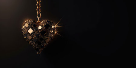 lack Heart with golden decor on a gold chain on a black background. Valentine's day, Love, Wedding, Romantic conceptの素材