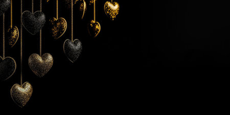 Golden and Black Valentines. Valentine's day background with many gold and black hearts hanging on a black background. Many black and golden heart-shaped pendants. Love conceptの素材