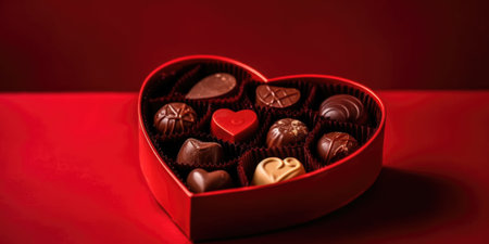 Chocolates in a heart-shaped box on red background. Beautiful background for Valentine's day, Birthday, Romantic, Wedding greeting card, banner. Chocolate candies. Chocolate sweetsの素材