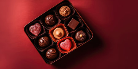Box of assorted chocolates on red background, top view. Chocolate candies. Chocolate sweets. Beautiful background for Valentine's day, Birthday, Romantic greeting card, bannerの素材