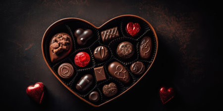 Box of assorted chocolates in the shape of heart on dark background. Sweet, Candy and Chocolate. Valentine's day conceptの素材