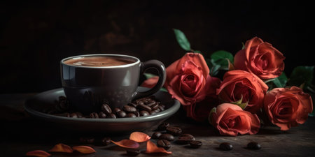 Coffee cup, red and pink roses and roasted coffee beans on a table on black background. Coffee and Flowersの素材
