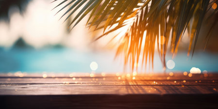 Empty Wooden Tabletop on tropical sea beach backgroundの素材