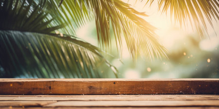Wooden table top in the foreground on a summer tropical garden with palm trees background. Mockup table for product displayの素材