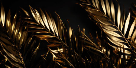 Golden Palm Tree Leaves on Black Background, close up. Abstract Black Gold Backgroundの素材
