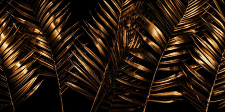 Golden Palm Tree Leaves on Black Background, close up. Abstract Black Gold Background. Tropical leavesの素材