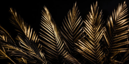 Golden Palm Tree Leaves on Black Background, copy space. Abstract Black Gold Backgroundの素材