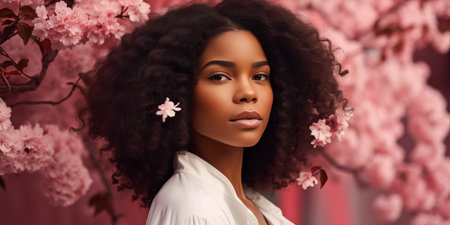 beautiful african american woman with curly hair and cherry blossomの素材