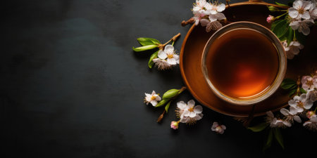 Cup of tea with spring blossom on dark background, top view. Tea and Spring Flowersの素材