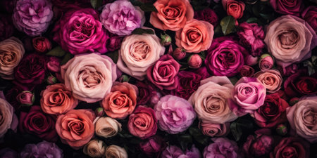 Colorful roses in a flower shop, vintage background and texture.の素材