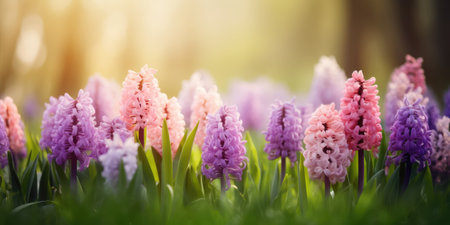 Colorful hyacinths blooming in the garden. Spring flowers. Beautiful Floral background for Easter holiday, Birthday, Mother's dayの素材
