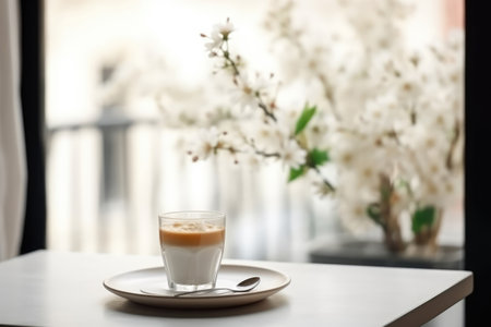 Cup of coffee with blooming branch on table in cafe, closeupの素材