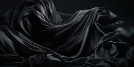 Closeup of rippled black silk fabric on black background.の素材