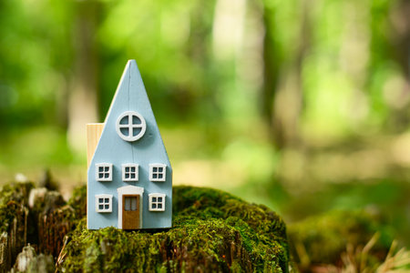 Miniature house on a stump in the forest. Selective focus.の写真素材