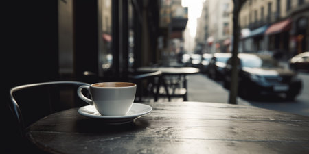Coffee cup on wooden table in coffee shop, stock photoの素材