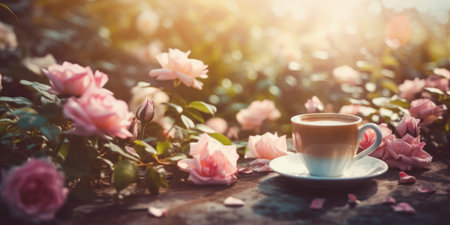 Coffee cup with pink rose flower on wooden table in garden.の素材