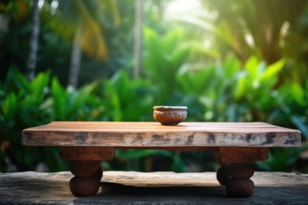 Wooden table and coffee cup on wooden table in the garden.の素材