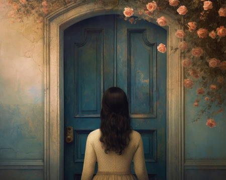 A young woman is standing in front of an old door with rosesの素材