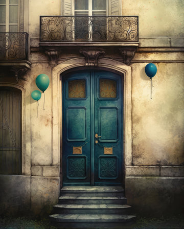 Vintage door with baloons and stairs in old city, illustrationの素材