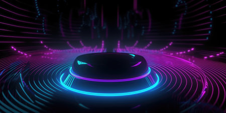 3d render, abstract background with neon lights and round podium.の素材