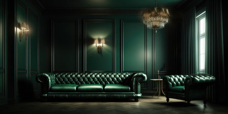 Classic interior with green leather sofa and armchair. 3d renderの素材