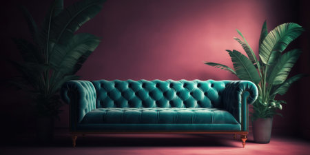 Vintage blue sofa in the room with tropical plants. 3d renderingの素材