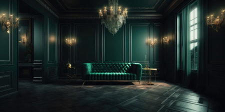 Classic interior of the living room with a green sofa. 3d renderの素材