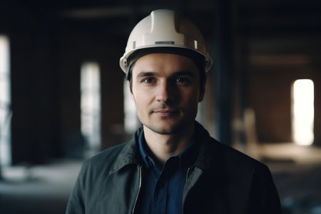 Portrait of a young man in a hardhat. Industrial backgroundの素材