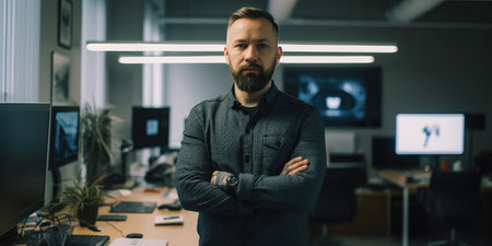 Portrait of handsome bearded businessman standing with arms crossed in office.の素材