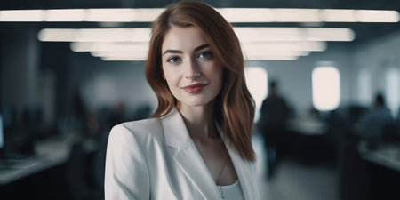 portrait of young businesswoman in white blouse at modern officeの素材