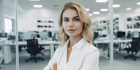 panoramic shot of beautiful young businesswoman looking at camera in officeの素材