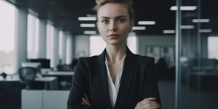 Portrait of confident businesswoman standing with crossed arms in modern officeの素材