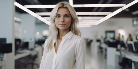 Beautiful businesswoman in white blouse looking at camera in officeの素材