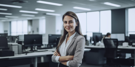 Portrait of smiling businesswoman standing with arms crossed in modern officeの素材