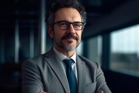 Portrait of confident mature businessman with eyeglasses standing in officeの素材